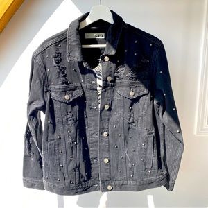 Topshop Distressed Gray Denim Jacket with silver studs long sleeve small medium